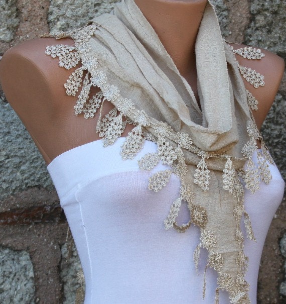 Beige Scarf - Cotton Scarf - Cowl with Lace
