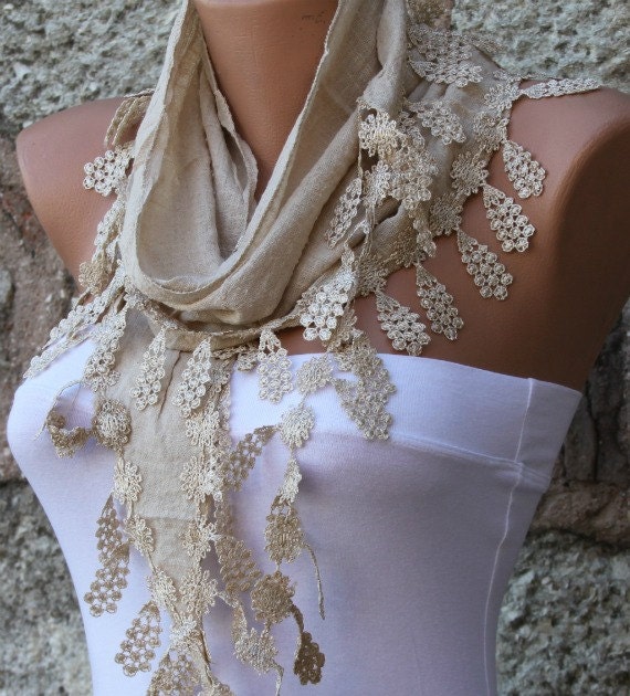 Beige Scarf - Cotton Scarf - Cowl with Lace