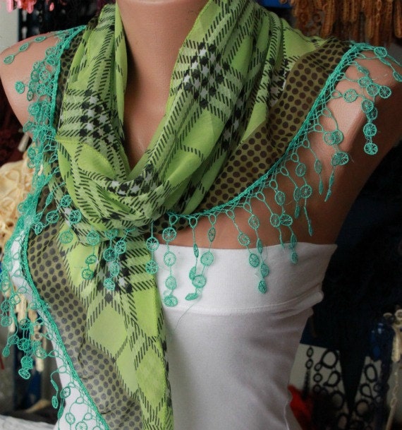 Pistachio Plaid  Scarf -  Cotton Scarf  Cowl with  Lace Edge