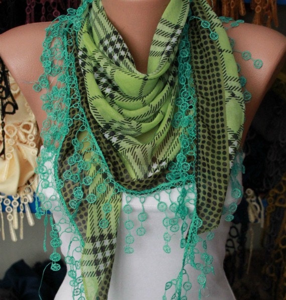 Pistachio Plaid  Scarf -  Cotton Scarf  Cowl with  Lace Edge