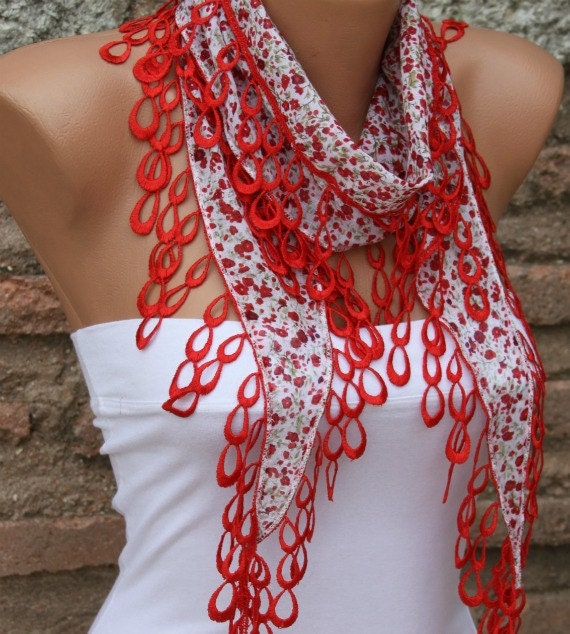 Multicolor Scarf  - Cotton Scarf -  Cowl with Red Lace Edge