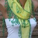 Yellow Scarf - Cotton Scarf - Cowl with Green Lace Edge