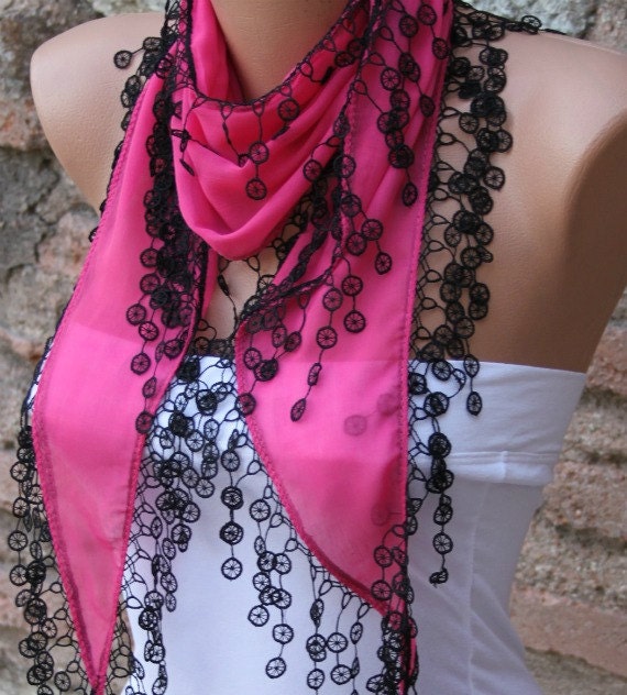 Hot Pink Scarf - Cotton Scarf - Cowl with Lace Edge - fatwoman
