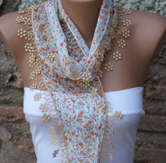 Multicolor Scarf - Cotton Scarf -  Cowl with  Lace Edge