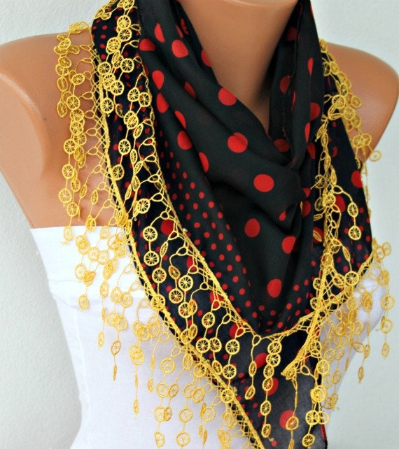 BIG SALE Polka Dot  Scarf -  Cotton Scarves - Cowl with  Lace Edge - black