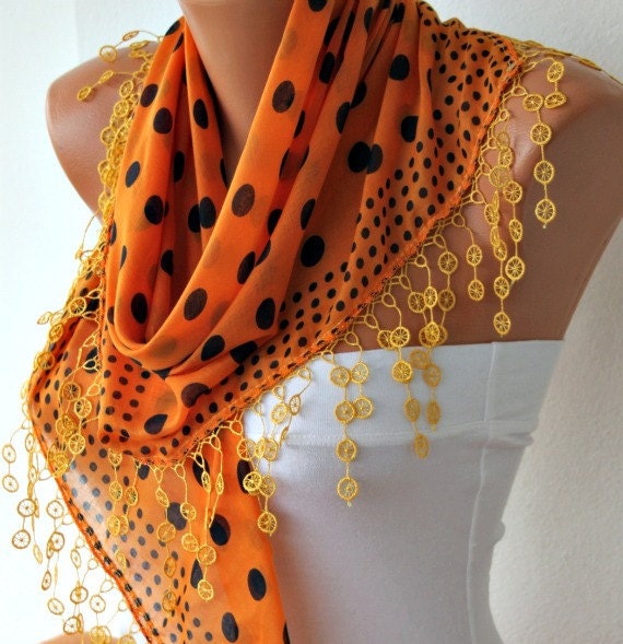 Polka Dot Scarf - Cotton Scarves - Cowl Scarf - Shawl with Lace Edge - Orange - fatwoman