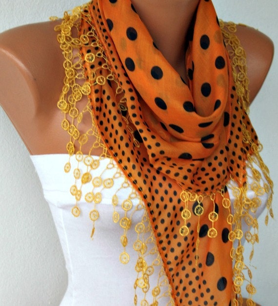 Polka Dot Scarf - Cotton Scarves - Cowl Scarf - Shawl with Lace Edge - Orange - fatwoman