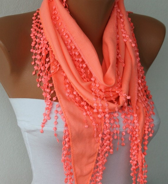 ON SALE - Coral Scarf Pashmina Scarf - Shawl - Cowl Scarf with Lace Edge - fatwoman
