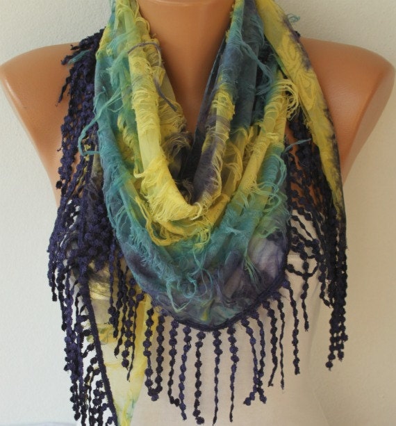 Purple Multicolor Scarf -  Cowl with Lace Edge by Fatwoman