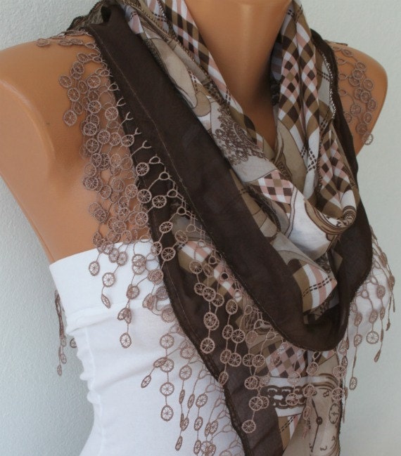 Cotton Scarf - Cowl Scarf - Shawl with Lace Edge - Brown Tones