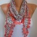 Sale WAS 15, NOW USD 9.90 - - - Gray Red Scarf Shawl Cowl with Lace Edge