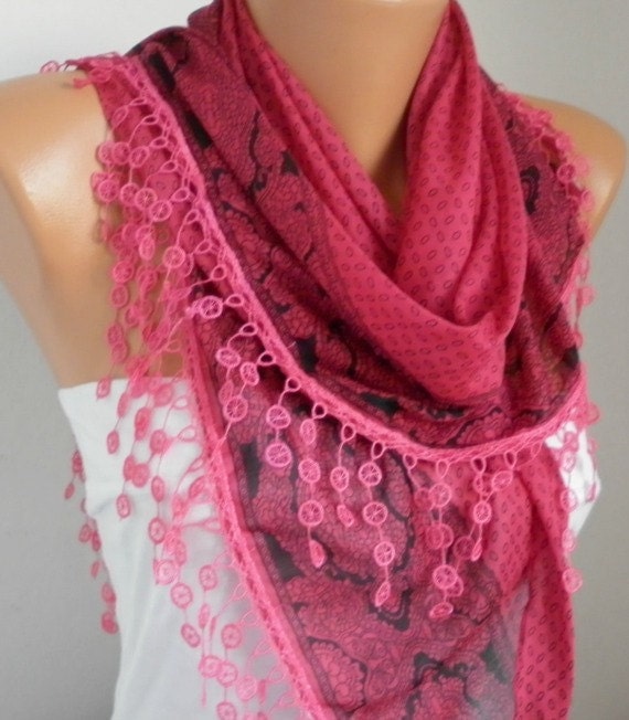 Scarf Shawl - Cotton Weddings Scarves - Cowl with Lace Edge - Ruby