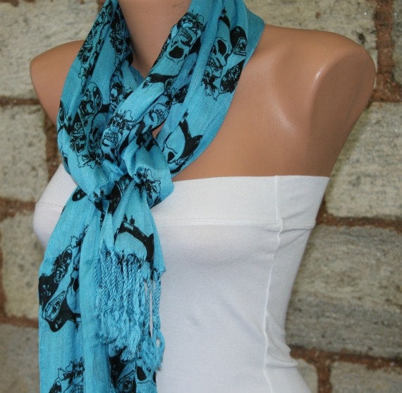 Blue Skull Scarf - Fabric Large Skulls - fatwoman