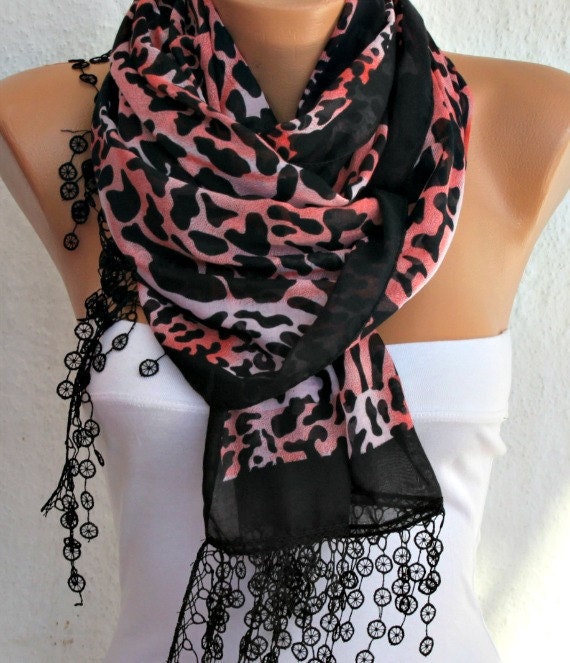 Leopard Scarf - Cotton Scarf Cowl with Lace Edge