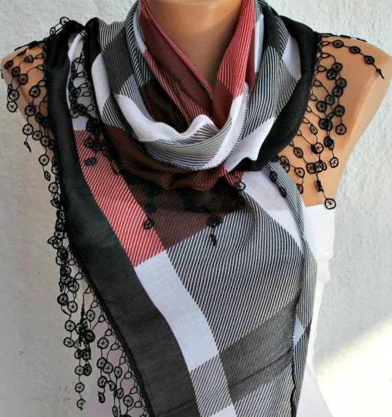 Plaid Scarf - Cotton Scarf Cowl Scarf with Lace Edge - fatwoman