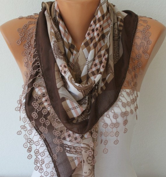 Cotton Scarf - Cowl Scarf - Shawl with Lace Edge - Brown Tones