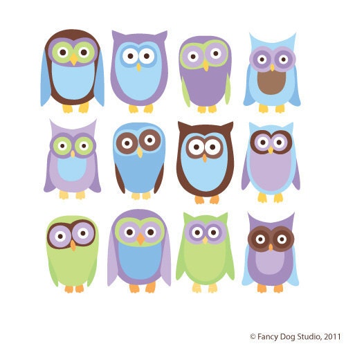 Owl Clip Art Digital Download Scrapbook Embellishments - Purple, Brown, Green