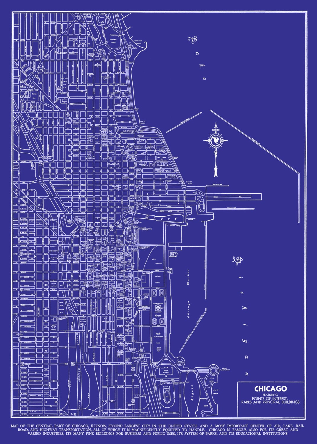 1927 Chicago Street Map Vintage Blueprint  11x14 Print Poster