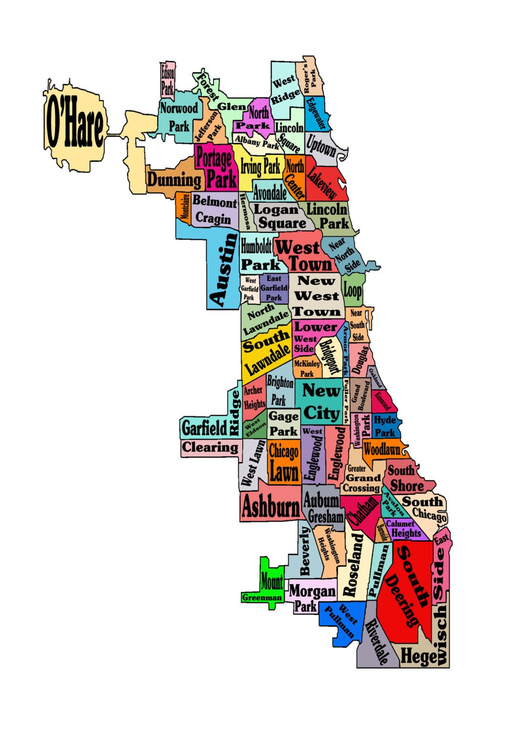 Chicago Neighborhoods Map 13x19 Print Poster Neightborhoods