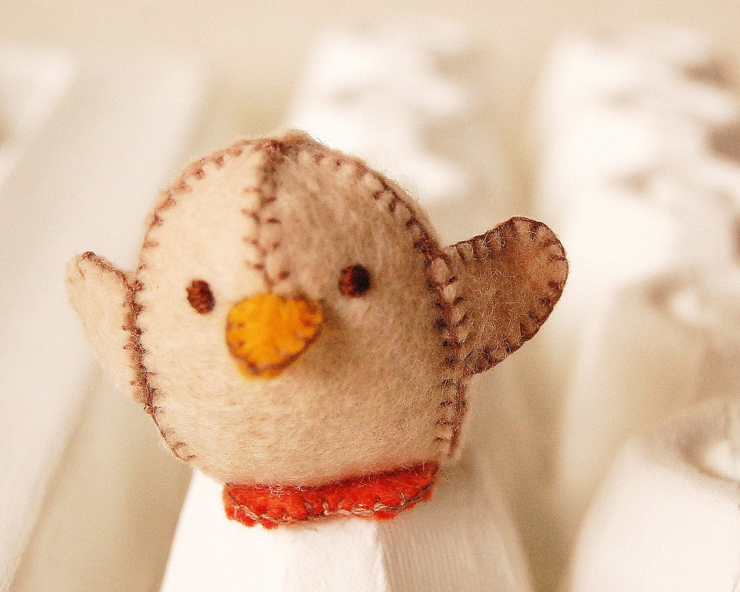 Felt Beige and Orange Chicken Handmade in Canada Pure Wool Toy OOAK