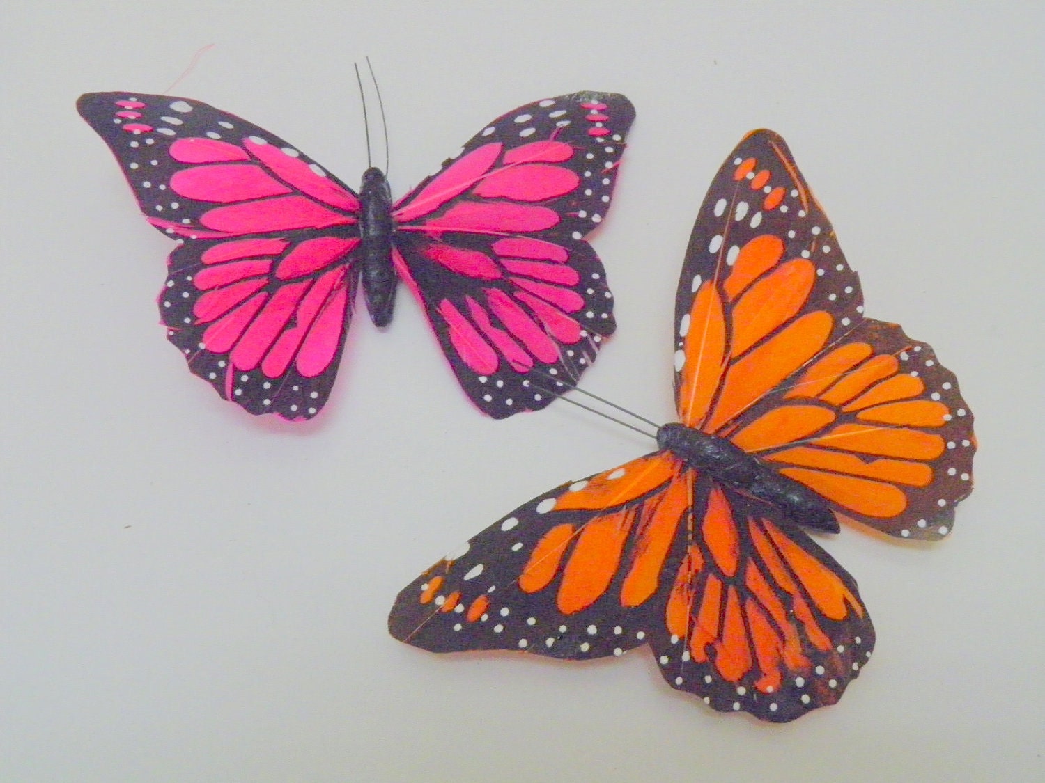 2 pcs, Butterfly Embellishment, Feather, big, 4.5 x 3.5 in, green, yellow, pink, orange