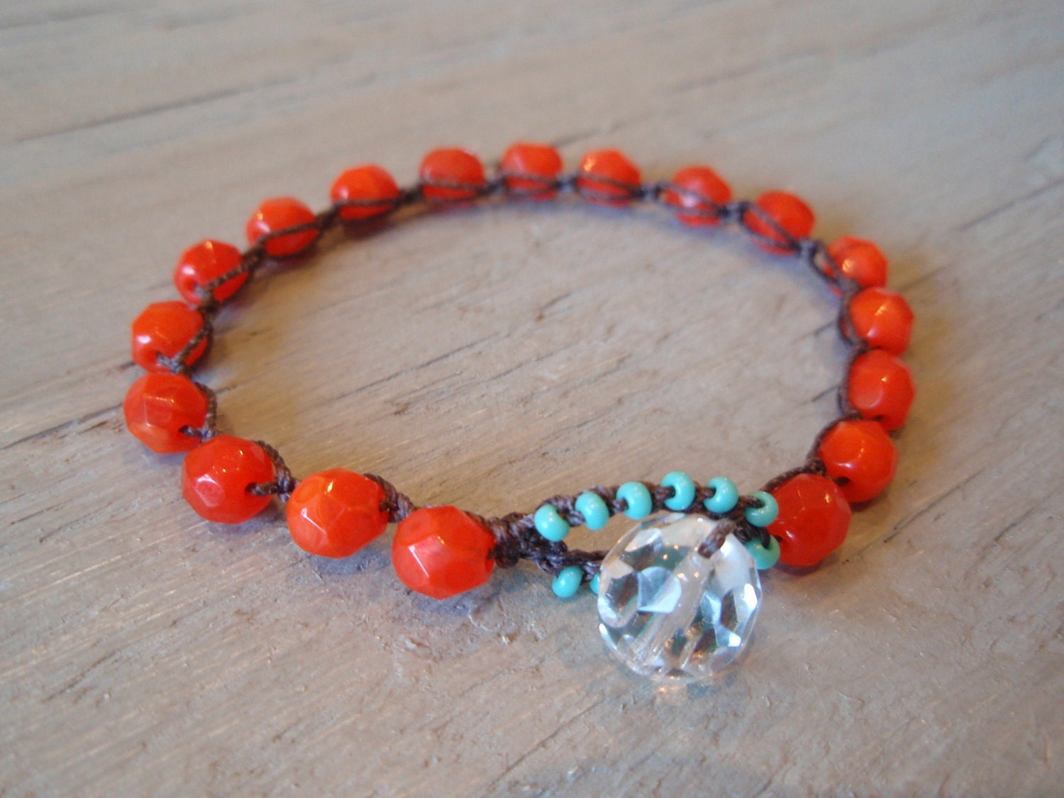 SALE Beaded boho chic crochet bracelet - slashKnots Stackers "Tomato Twist" tomato red, turquoise, opal glass, stack & layer, bold vibrant