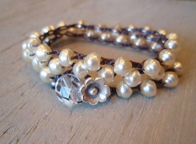 Pearl crochet necklace or 3x wrap bracelet 'Uptown Bohemian' rustic Thai Silver flower dangle, cream, ivory, luxe shabby boho chic