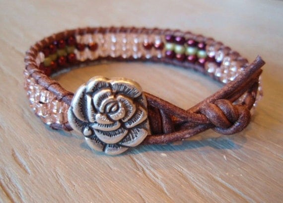 Beaded leather bracelet "RoseBud", Shabby Southwest chic, pink, rose, bohemian friendship bracelet, stack and layer, OOAK