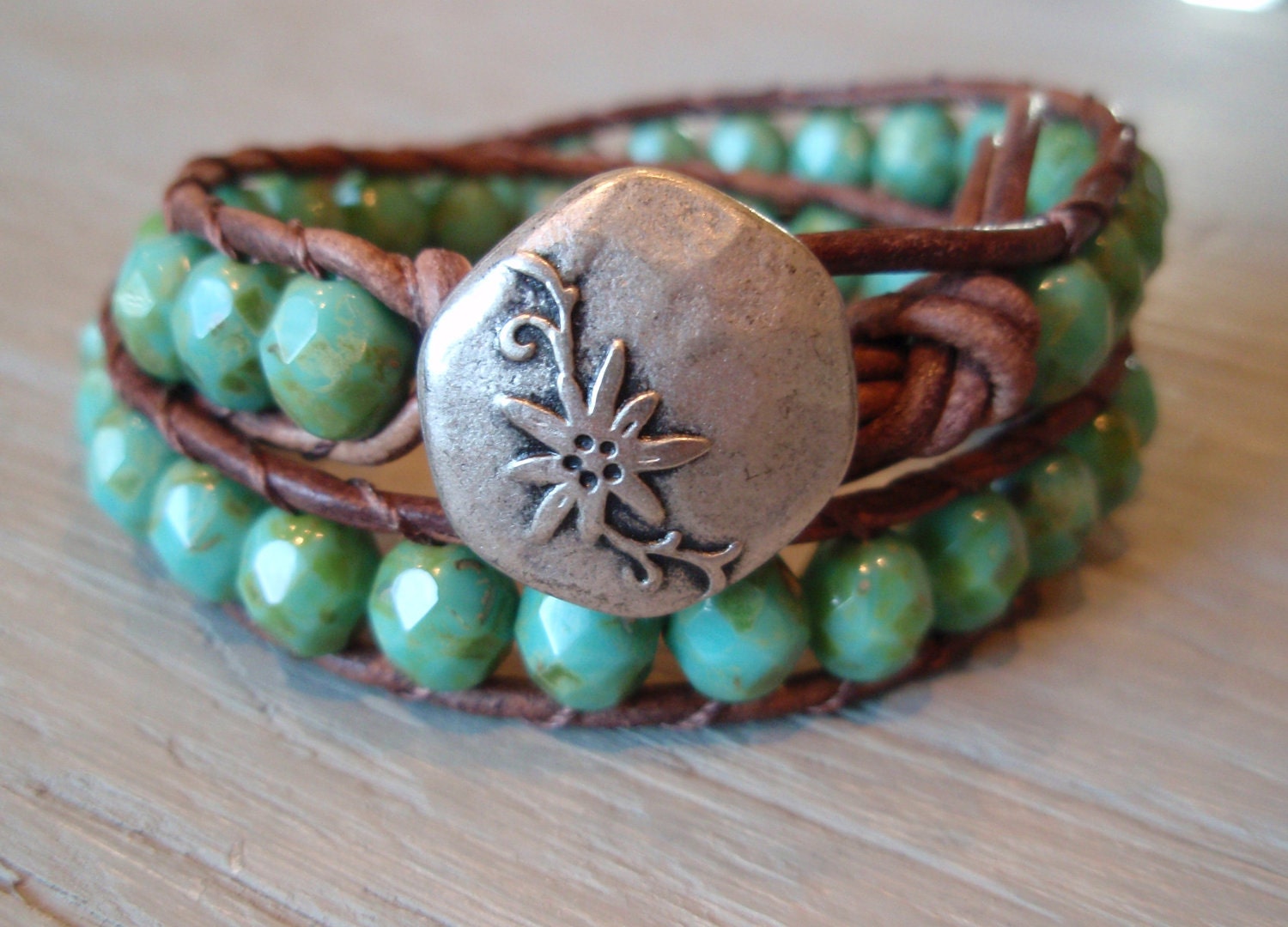 Beaded leather wrap bracelet - turquoise, silver, "Rustic Bohemian" distressed brown leather, fall autumn boho chic