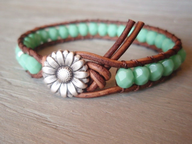 Boho leather wrap bracelet, "Country Girl", Shabby chic, turquoise, silver daisy flower, featured in ETSY FASHION Ultimate Jewelry Guide