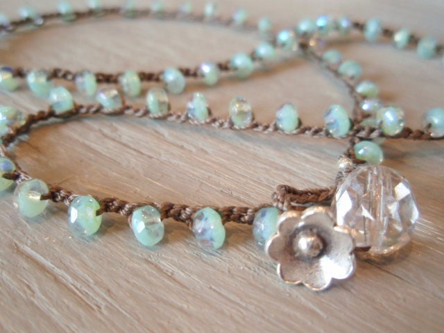 Boho beaded crochet necklace / 3x bracelet / 2x anklet - Laguna Beach - Thai Silver, bohemian, seafoam green, Shabby surfer chic, summer