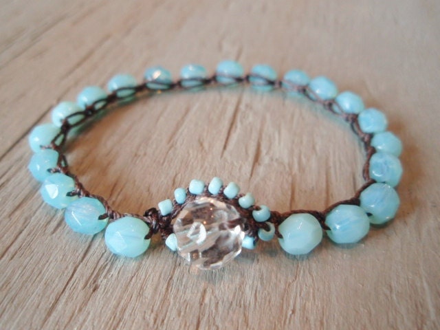 Boho beaded crochet bracelet - slashKnots Stackers "SurfSide" bright sky blue opal, surfer, waterproof crocheted jewelry