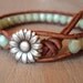 Boho leather wrap bracelet, "Country Girl", Shabby chic, rustic mint green, silver daisy flower, celadon, bohemian chic