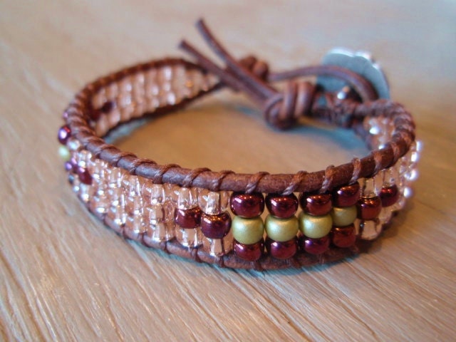 Beaded leather bracelet "RoseBud", Shabby Southwest chic, pink, rose, bohemian friendship bracelet, stack and layer, OOAK