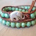 Bohemian leather wrap bracelet - green turquoise, silver, "Rustic Baby Elephant" distressed brown leather, good luck charm, lucky boho chic