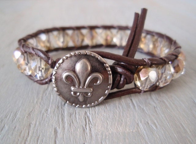 Leather wrap bracelet - French Country - Fleur De Lis, iridescent champagne, bronze, luxe boho chic, neutral, stack bracelet