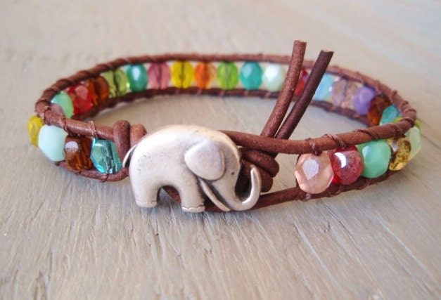 Colorful leather wrap bracelet, "RainBow Baby Elephant", multi color, good luck bracelet, lucky charm, silver elephant, boho chic