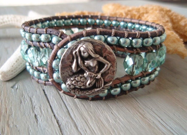 Mermaid leather cuff bracelet 'SeaSparkle Mermaid' slashKnots Summer Cuff - metallic sky blue, aqua blue, surfer girl, luxe beach glam