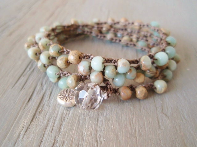 Surfer chic crochet 3x wrap bracelet necklace 2x anklet "Beached" amazonite, sky blue, rustic Thai silver dangle, summer beach chic