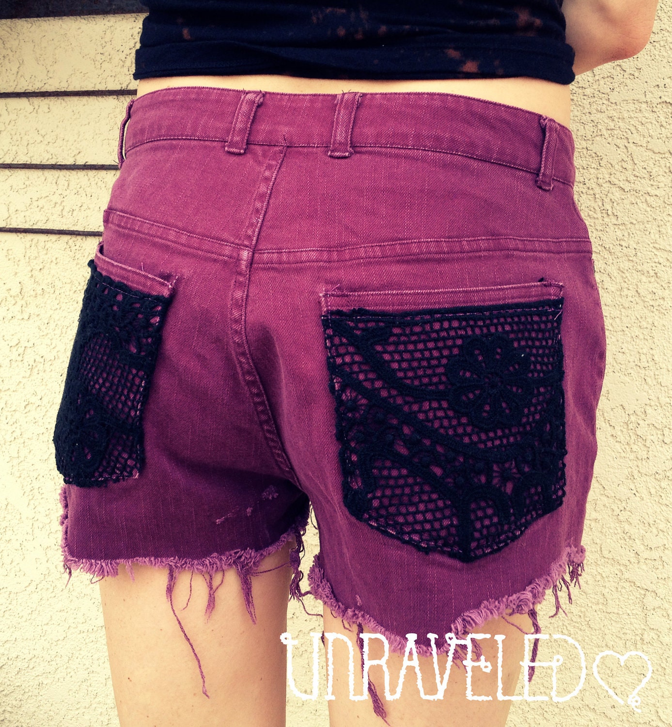 Vintage Denim High Waist Cut off Shorts, STUDDED, CROCHET (Size Medium)