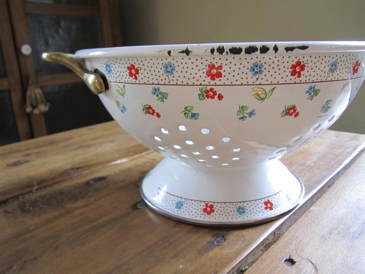 Vintage White Enamel Floral Colander Fresh Farmhouse Cottage Shabby Kitchen