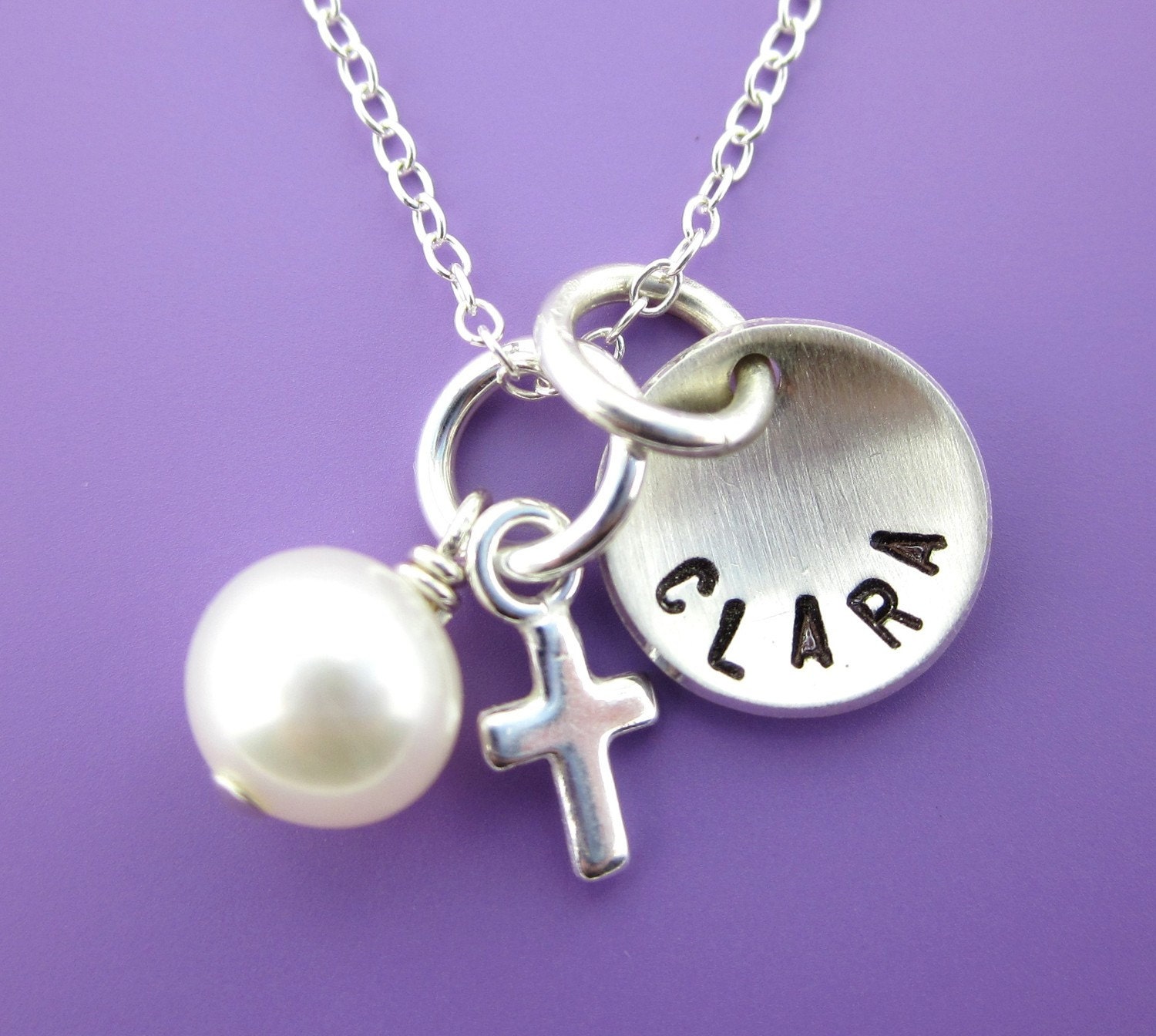Hand Stamped Petite Initial or name Domed Charm Sterling Silver Necklace with Cross charm and freshwater pearl or Birthstones