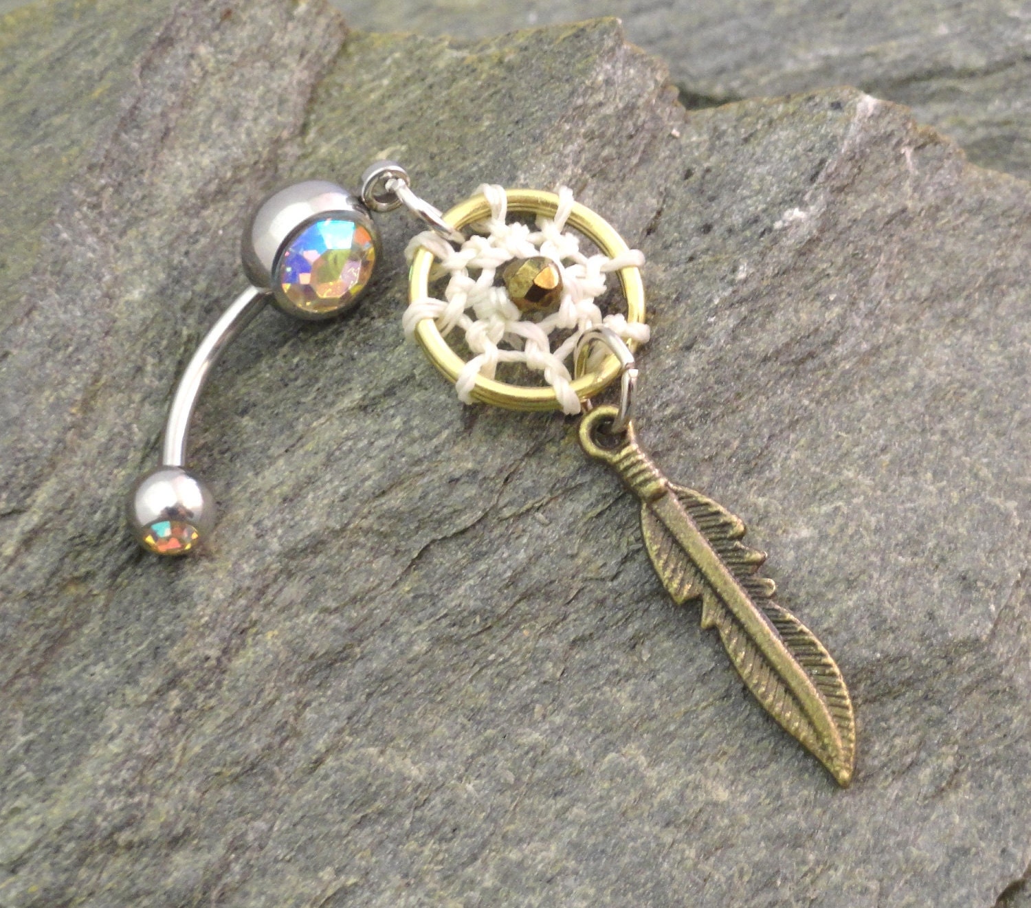 Dream Catcher Belly Button Ring, Antiqued Brass Feather