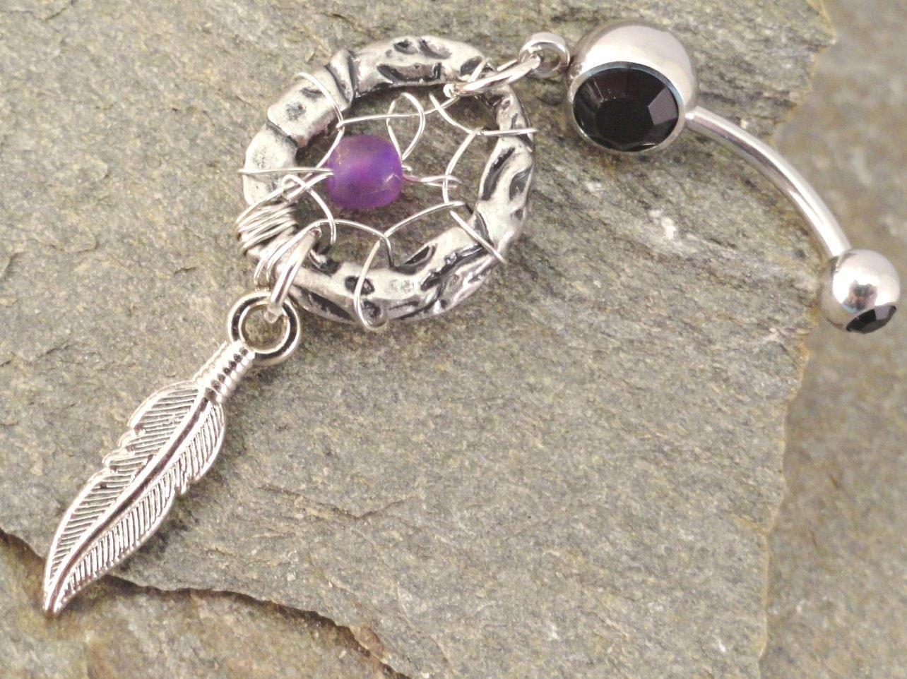 Custom Made Dream Catcher Belly Button Ring with Silver Feather Barbell Navel Piercing Ring