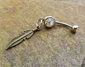 Golden Feather Belly Button Jewelry, Tribal Feather Navel Piercing Ring