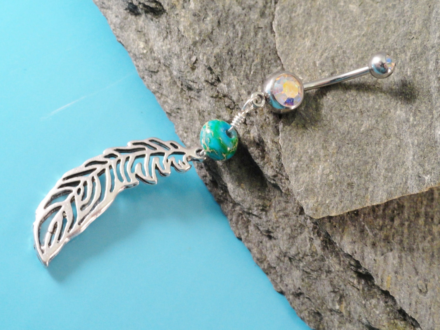Feather Belly Button Ring with Green Jasper, Silver Feather Barbell Navel Piercing