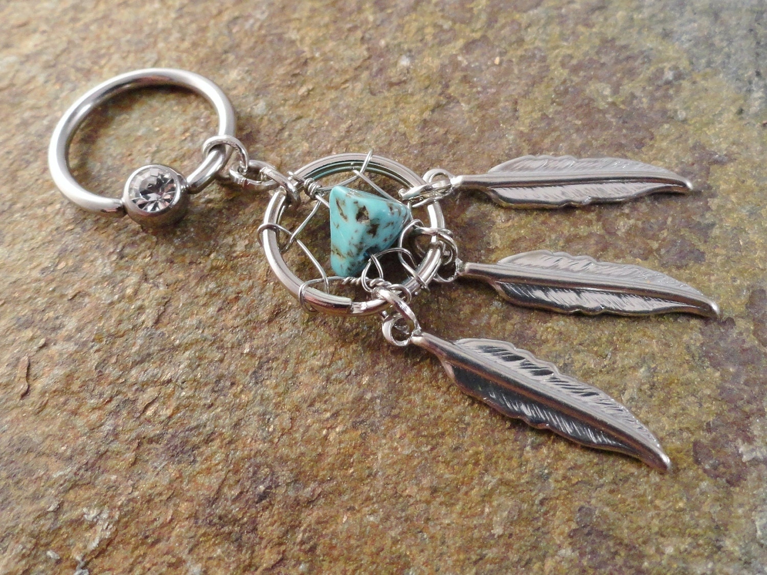 Turquoise Dream Catcher Captive Belly Button Jewelry, Gemstone Belly Button Ring