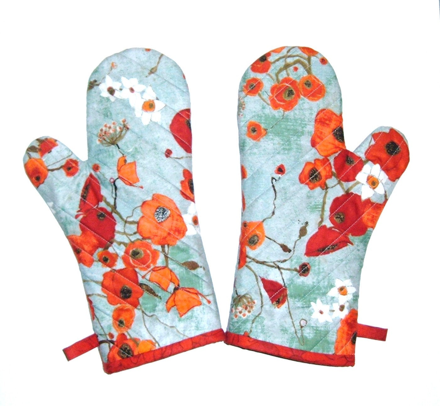 Oven Mitts - Poppies on Teal -  Gift for Foodie - Floral Oven Mitts - pasqueflower