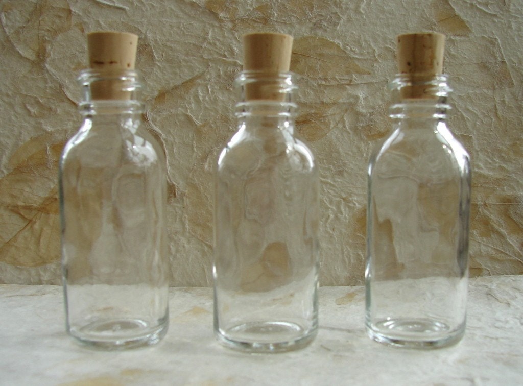 3 Clear Glass Bottles / Vials with Corks (3.43" tall x 1.22" diameter) 1 ounce capacity