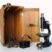 Vintage / Antique Lighted Microscope with Wooden Box and Lenses - Industrial Decor and more